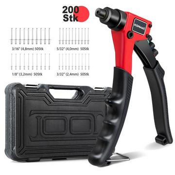 Rivettatrice manuale Pistola per rivetti manuale per impieghi gravosi con 200 rivetti Kit di utensili per rivettatura con custodia per il trasporto