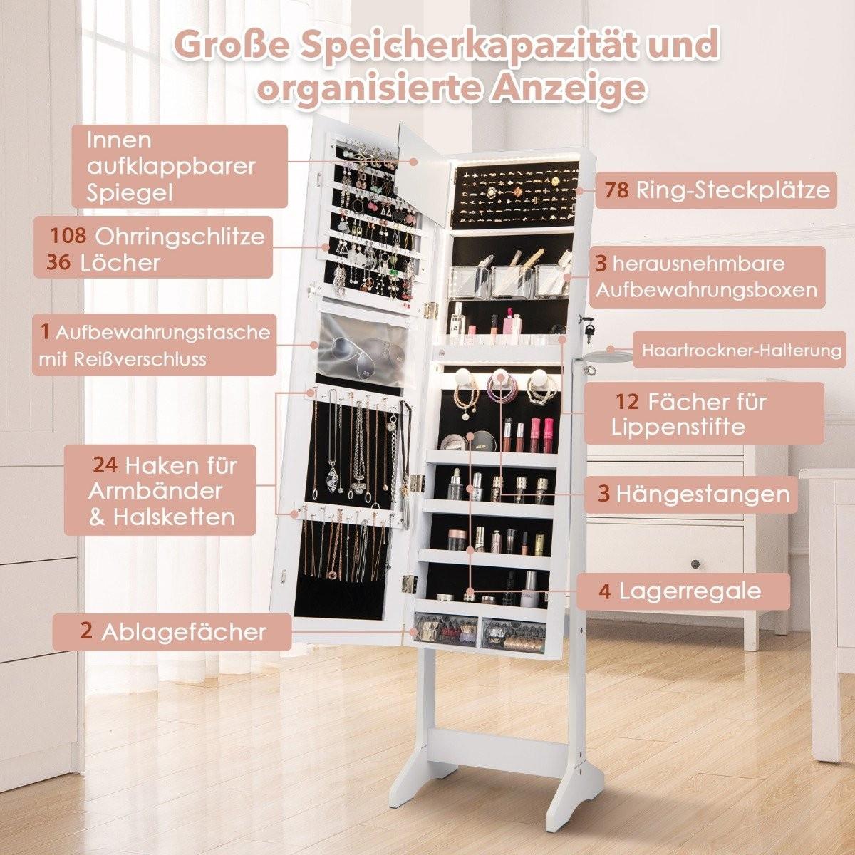 Northix LED Schmuckschrank mit Ganzkörperspiegel und Schminkspiegel 41 x 37 x 156 cm Weiß  