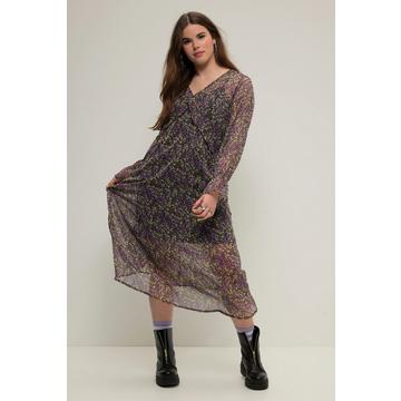 Maxikleid, A-Line, Chiffon, Minimal Blumen, V-Ausschnitt, Langarm