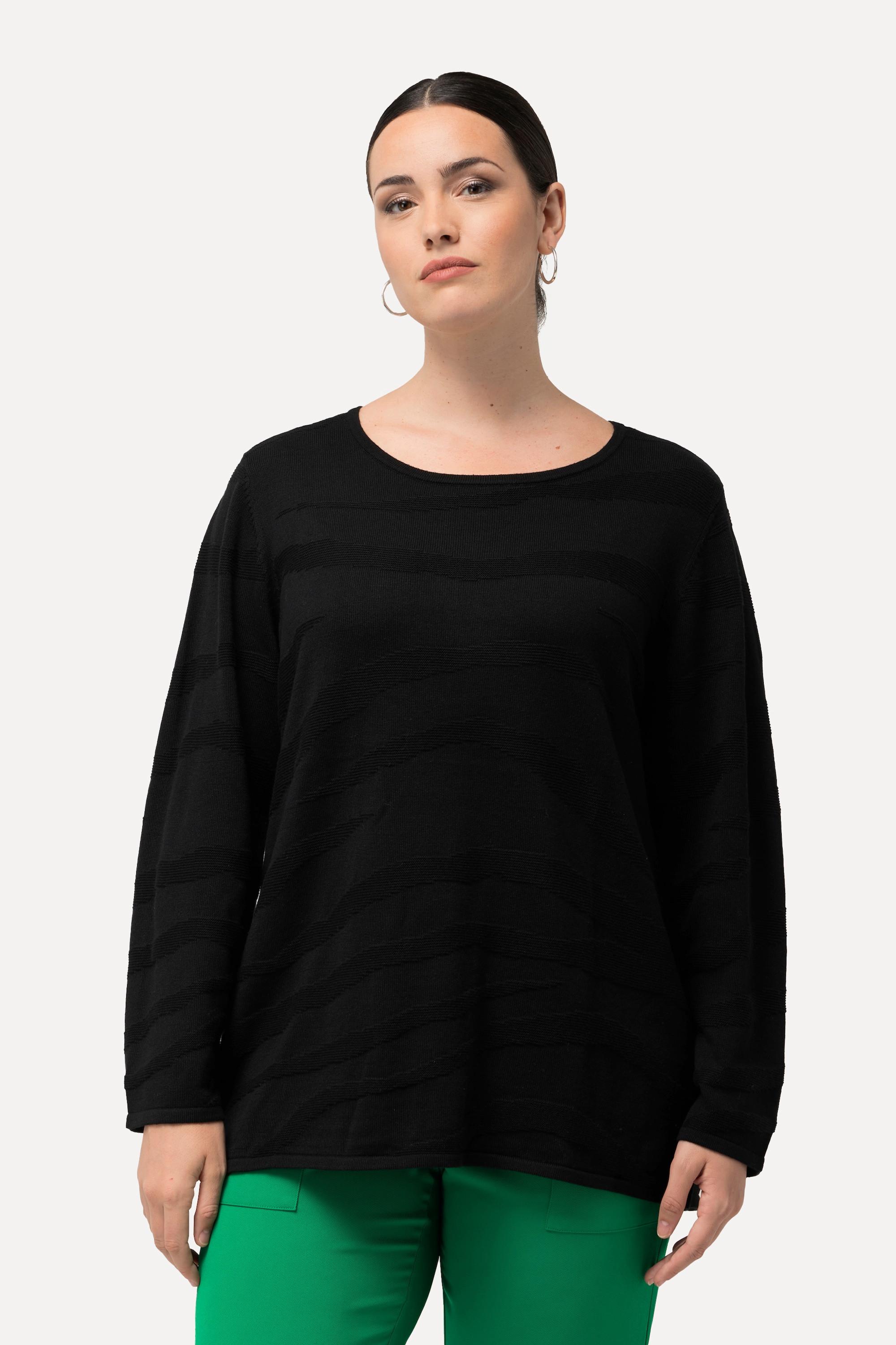 Ulla Popken  Jacquard-Pullover, Zebramuster, U-Boot-Ausschnitt, Langarm 