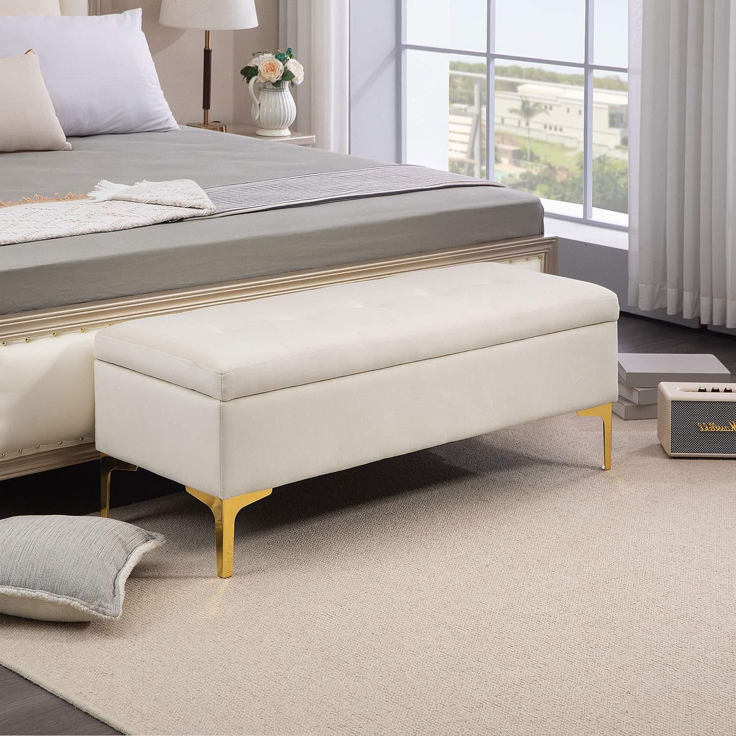 Northio Banc avec espace de rangement, banquette rembourrée aspect velours, pieds en métal, banquette de lit pour salon, chambre, couloir, 120 x 44 x 44,5 cm, beige  