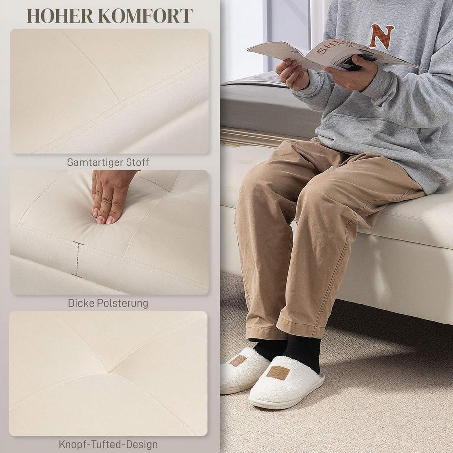 Northio Banc avec espace de rangement, banquette rembourrée aspect velours, pieds en métal, banquette de lit pour salon, chambre, couloir, 120 x 44 x 44,5 cm, beige  