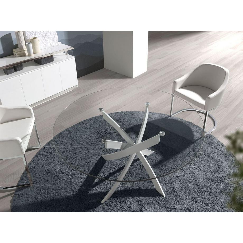 ANGEL CERDA Table à manger ronde verre trempé et acier blanc  