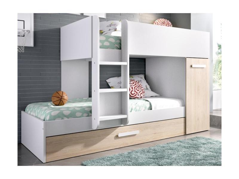 Vente-unique Letto a castello con contenitori + materasso 2 Bianco e Rovere ANTHONY  