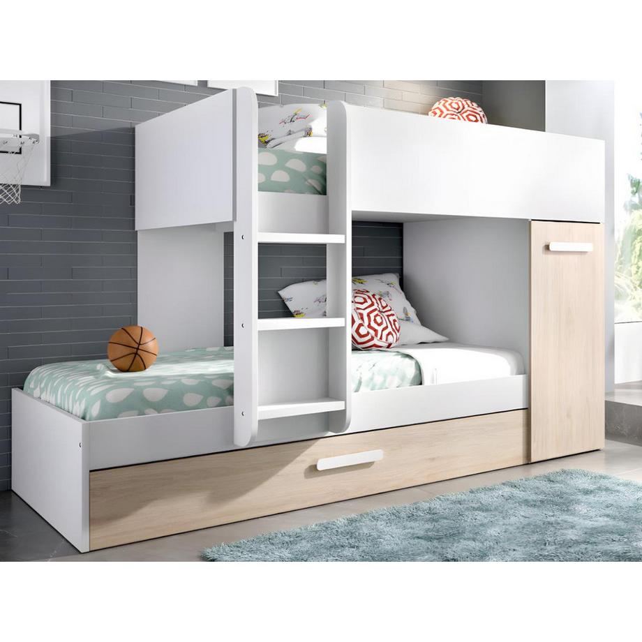 Vente-unique Letto a castello con contenitori + materasso 2 Bianco e Rovere ANTHONY  