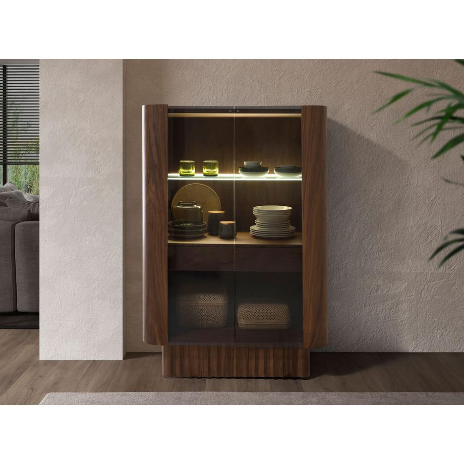 ANGEL CERDA Hohe Anrichte aus gehärtetem Glas, Nussbaum, mit Innenbeleuchtung  