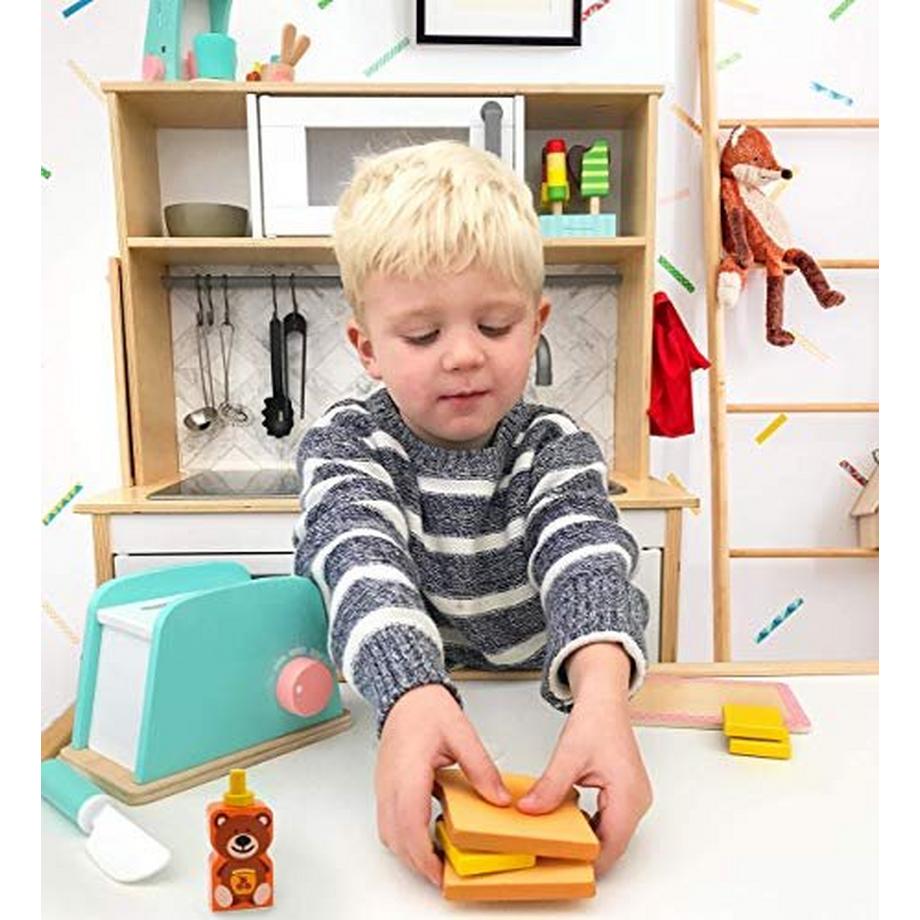 Activity-board  Kinderküche B und Butter Toaster Set (10 Stück) - Holzspielzeug und Küchenzubehör - Upgrade 