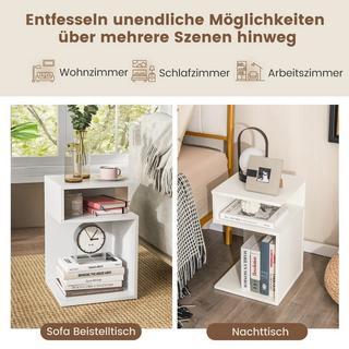 B2X S-förmiger Beistelltisch mit 2 Offenen Fächern Moderner Nachttisch 33 x 33 x 50 cm Weiß  