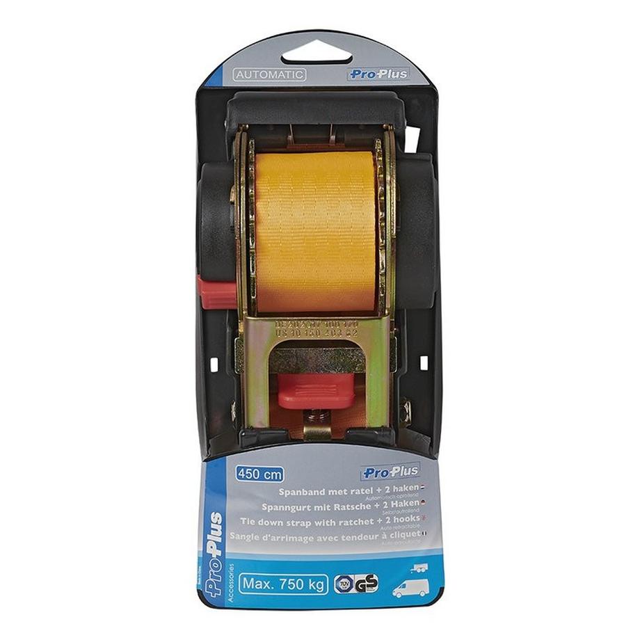 Pricenet  Spanngurt mit Ratsche + 2 Haken, 450 cm, 750 kg, automatisch einziehbar 