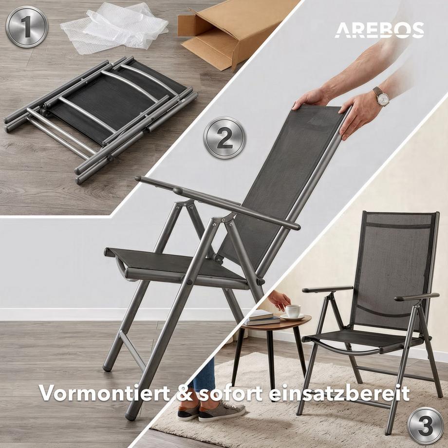 Arebos Set di 4 sedie da giardino pieghevoli con schienale alto | Schienale regolabile in 7 posizioni fino a 150° | Portata massima 120 kg  