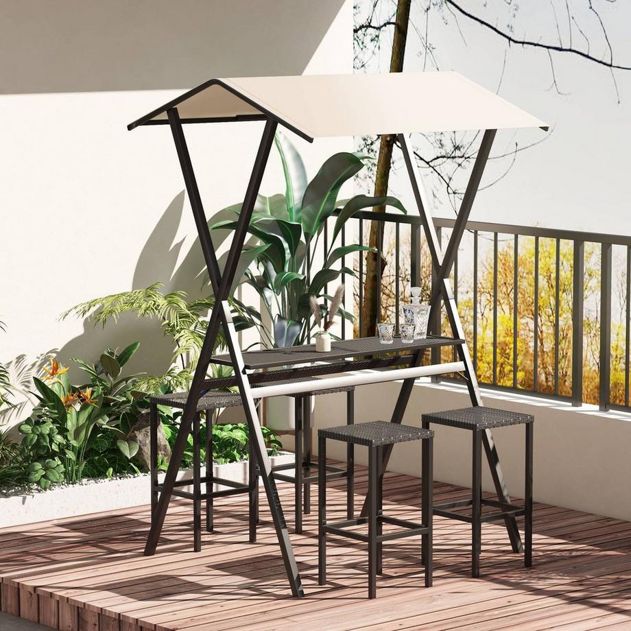 Northio  Gartenbar-Set Rattan Bartisch Mit 4 Barhockern, Stehtisch Mit Dach, Sitzgruppe, Fußstütze, Schwarz, Stahl, Für Garten & Balkon 