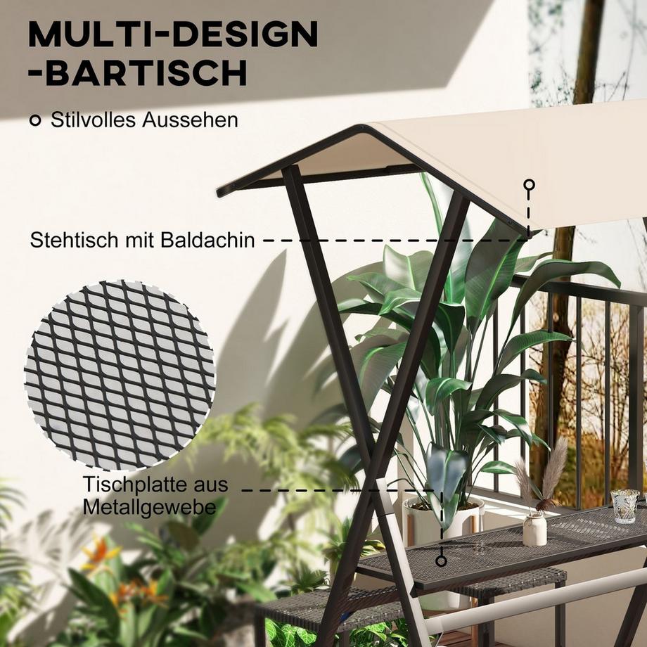 Northio  Gartenbar-Set Rattan Bartisch Mit 4 Barhockern, Stehtisch Mit Dach, Sitzgruppe, Fußstütze, Schwarz, Stahl, Für Garten & Balkon 