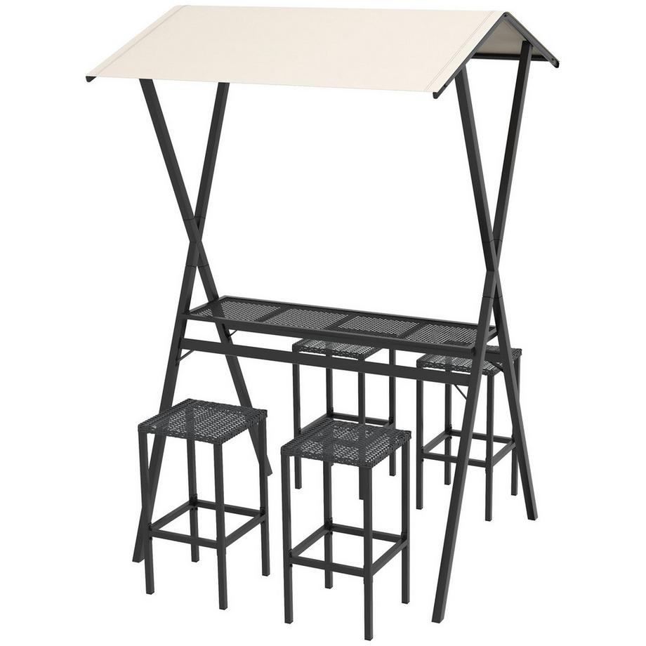 Northio  Gartenbar-Set Rattan Bartisch Mit 4 Barhockern, Stehtisch Mit Dach, Sitzgruppe, Fußstütze, Schwarz, Stahl, Für Garten & Balkon 