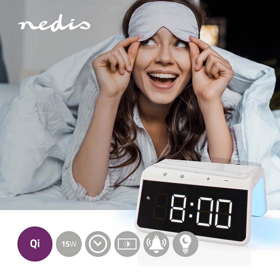 Nedis  Caricabatterie wireless per sveglia | certificato Qi | 5 / 7,5 / 10 / 15 W | USB A-Tap | Luce notturna | 2 orari di allarme | Funzione Snooze 