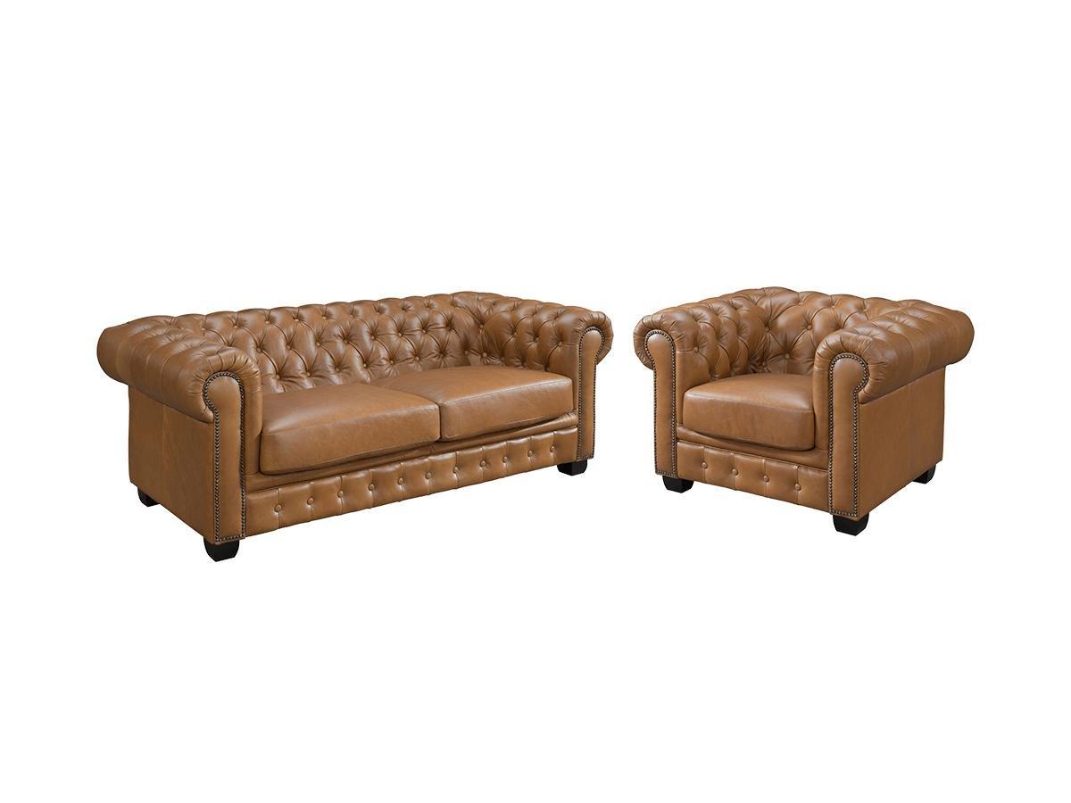 LINEA SOFA Chesterfield Garnitur 3+1 - Büffelleder - Karamellbraun - BRENTON  