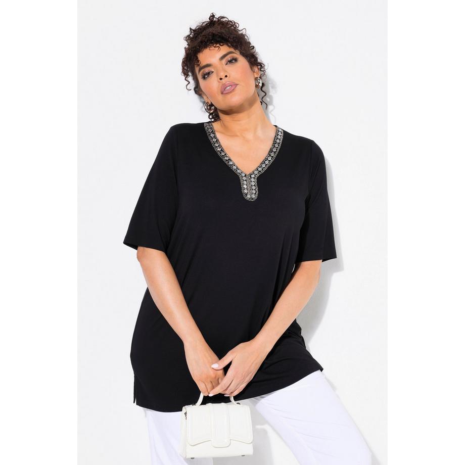 Ulla Popken T-shirt Pierres Décoratives Coupe Évasée Encolure V Manches Courtes  