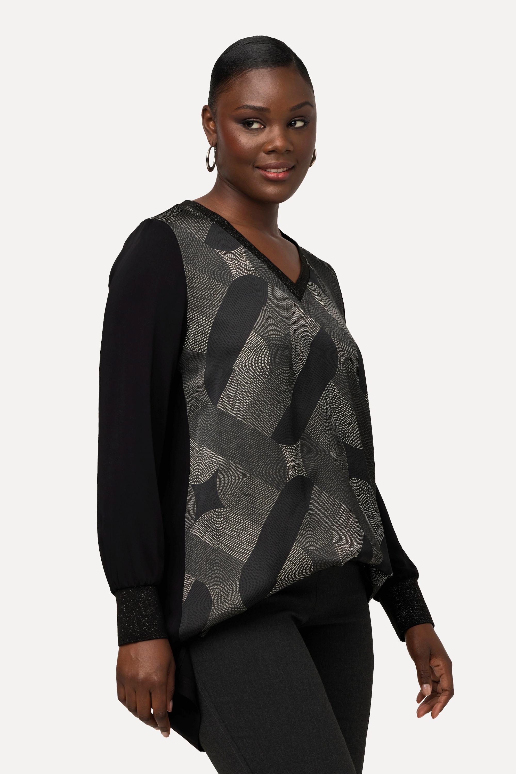 Ulla Popken Longtunika Glitzerstreifen V-Ausschnitt Langarm  