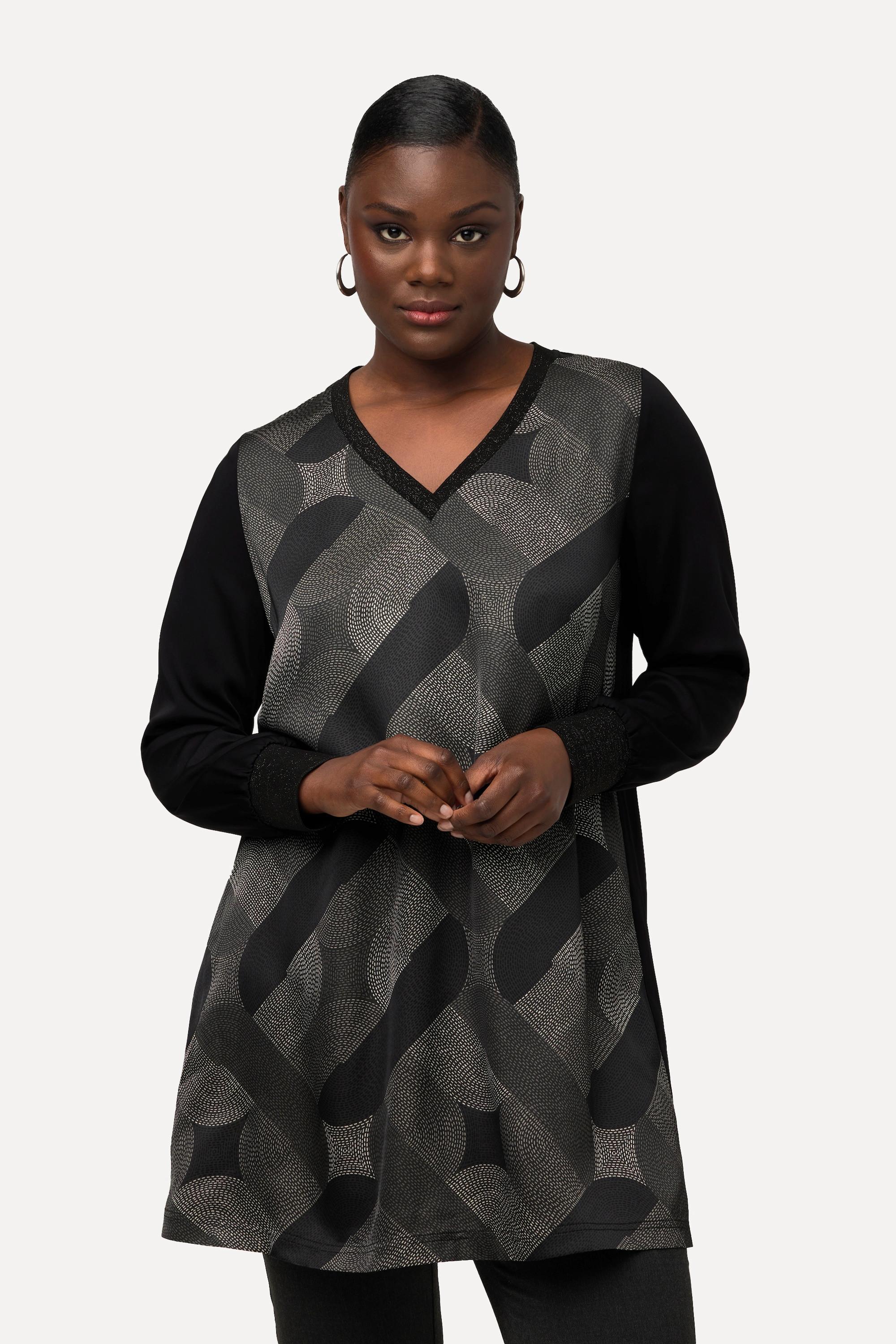 Ulla Popken Longtunika Glitzerstreifen V-Ausschnitt Langarm  