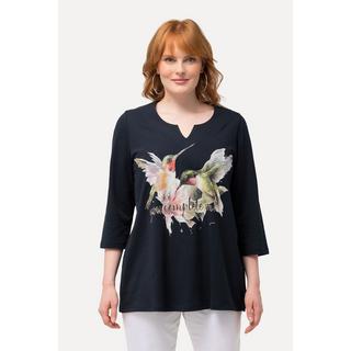 Ulla Popken  T-shirt, colibri, coupe évasée, col tunisien, manches 3/4 