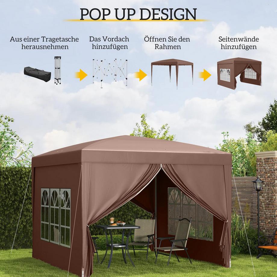 Northio Pavillon ca.3x3m, wasserabweisend Stabil Winterfest Pop-up Faltpavillon, UV Schutz 50+, Faltbar Partyzelt Gartenzelt mit 4 Seitenteilen Tasche Gartenpavillon für Camping Garten, Kaffee  
