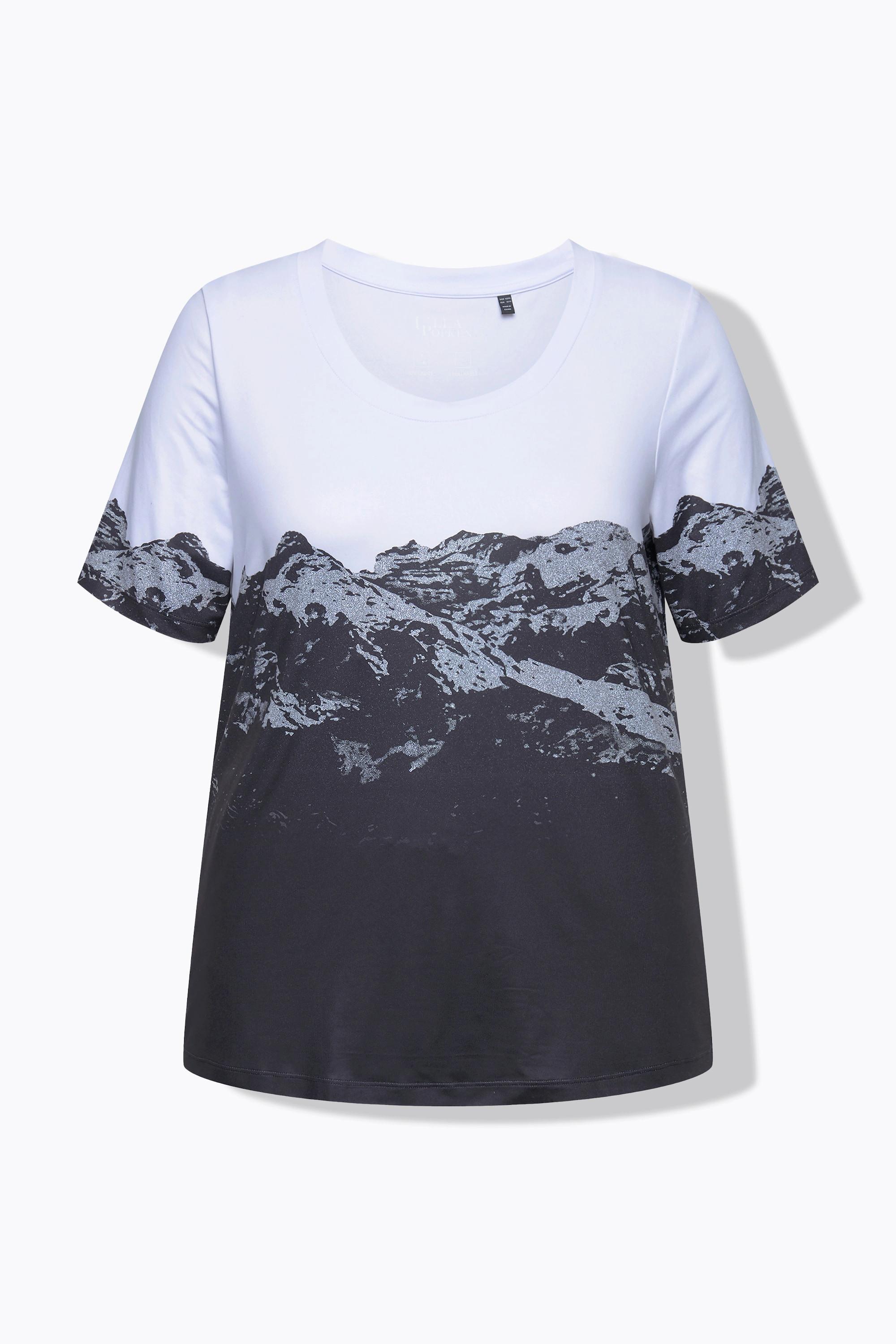 Ulla Popken  Maglia funzionale con montagne, scollo a girocollo, mezze maniche e materiale riciclato 