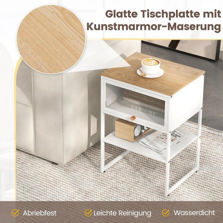 Northix Table de chevet table d'appoint table de nuit en bois avec structure en métal & étagère & porte transparente  
