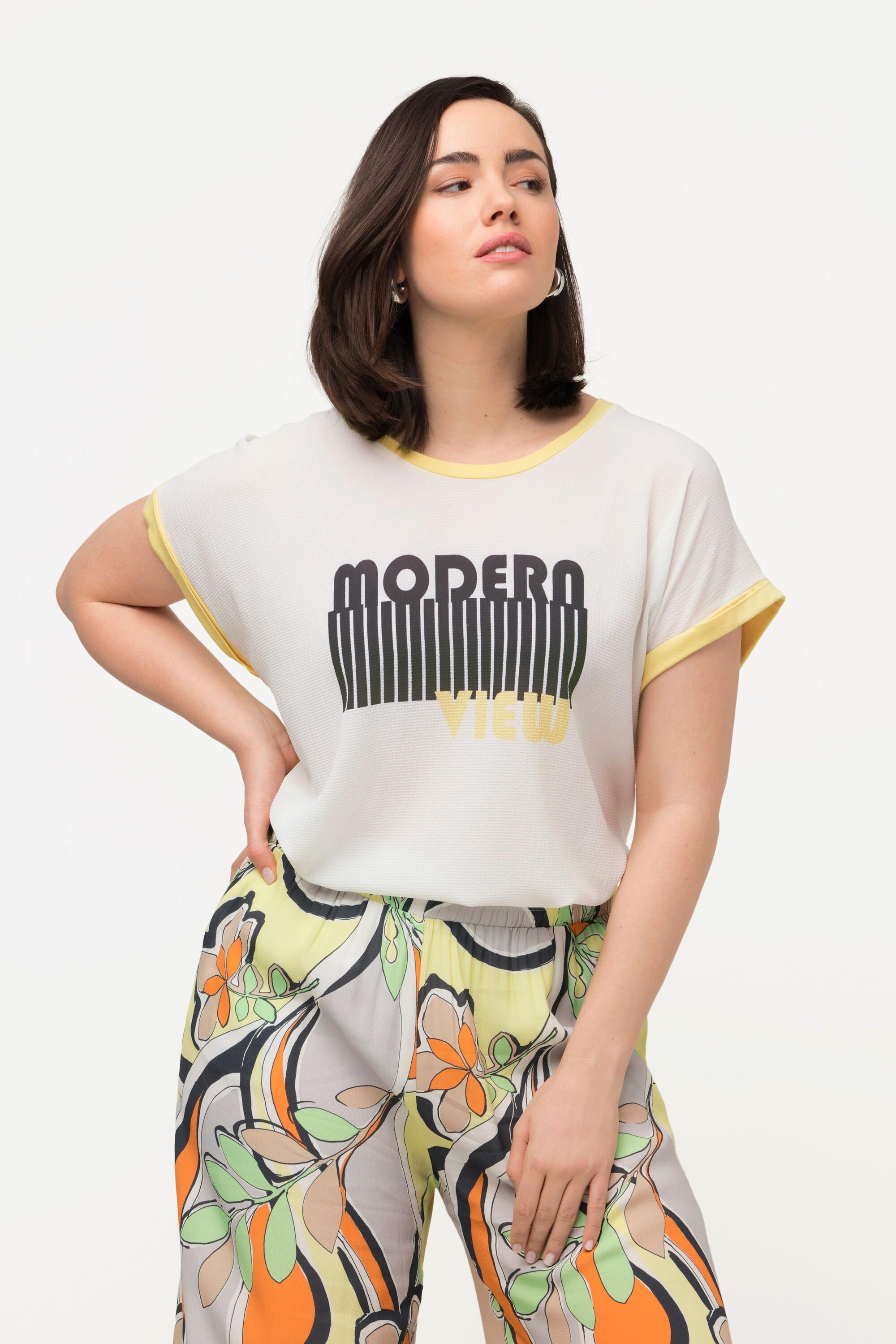 Ulla Popken  T-shirt dal taglio oversize con scritta, scollo a girocollo e mezze maniche 