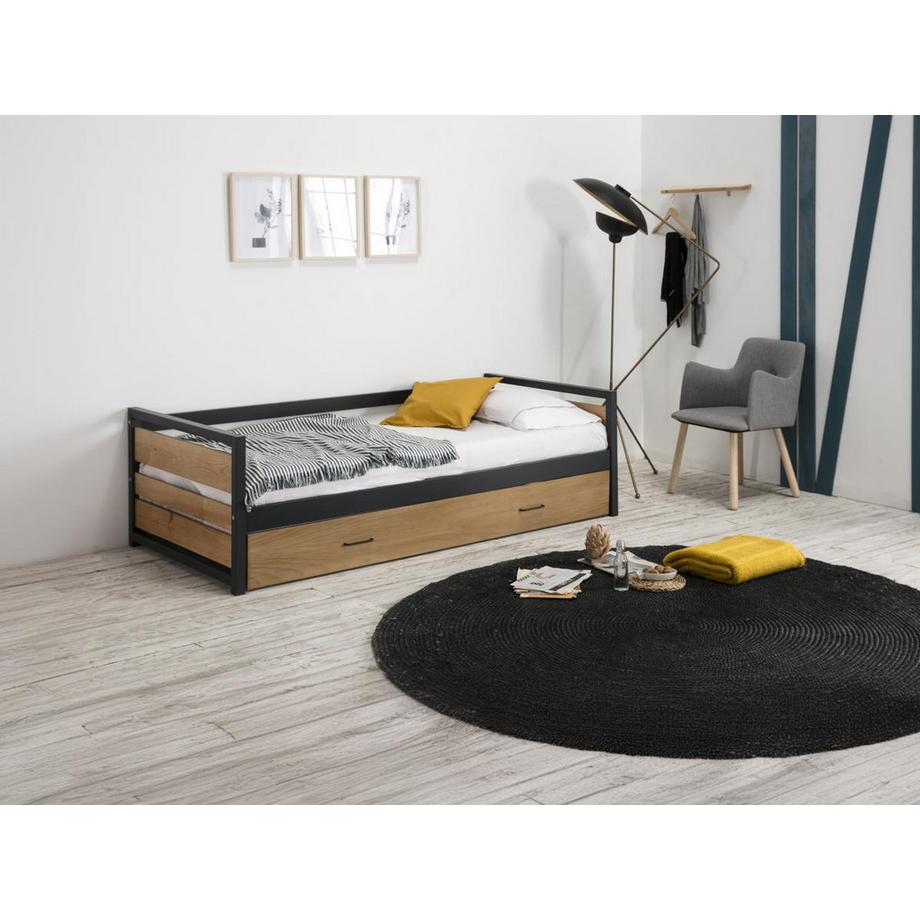 Vente-unique Letto a scomparsa industriale 2 MDF Abete e metallo Colore Noce e antracite BOSTON  
