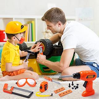 Activity-board  Ensemble de jouets d'outils de jeu de rôle de costume d'ouvrier du bâtiment, avec casque, lunettes, types d'outils jouets, pour jeu de rôle d'architecture, fête d'Halloween, carnaval et anniversaire 