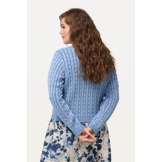 Ulla Popken  Cardigan fine maille deux tons, encolure en V et patte de boutonnage, motif torsadé 