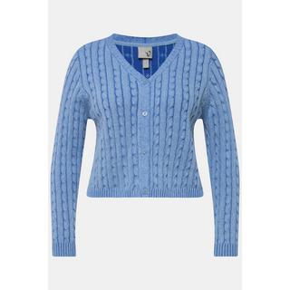 Ulla Popken  Cardigan fine maille deux tons, encolure en V et patte de boutonnage, motif torsadé 