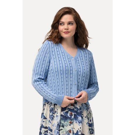 Ulla Popken  Cardigan fine maille deux tons, encolure en V et patte de boutonnage, motif torsadé 