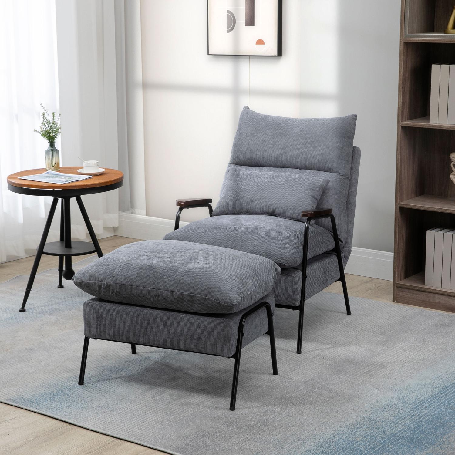 HOMCOM Chaise De Relaxation Tabouret Chaise Tv Fonction Inclinable Dossier Réglable Fauteuil Pouf Coussin Chaise Rembourrée Gris  