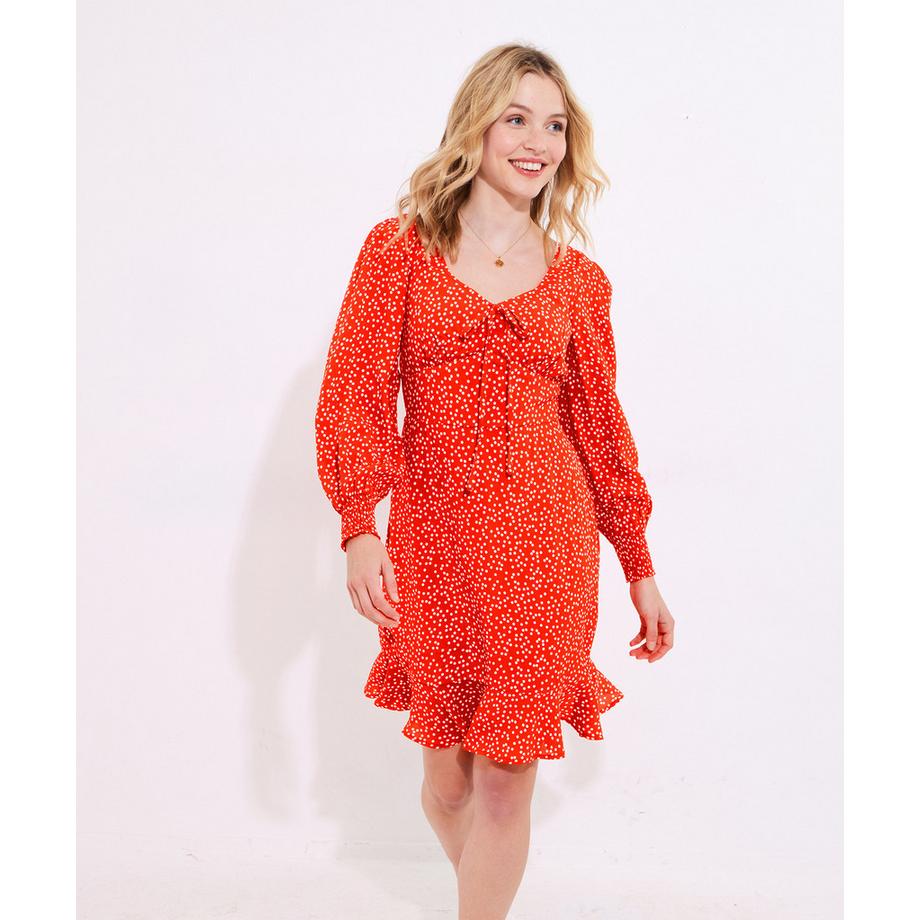 Gepunktetes Mini-Kleid mit Krawattenausschnitt