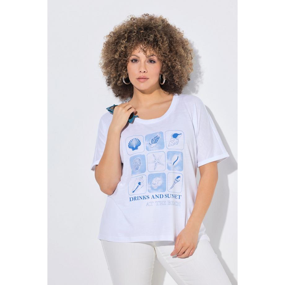 Ulla Popken T-Shirt Oversize Girocollo Mezza Manica Stampa Creature Marine  