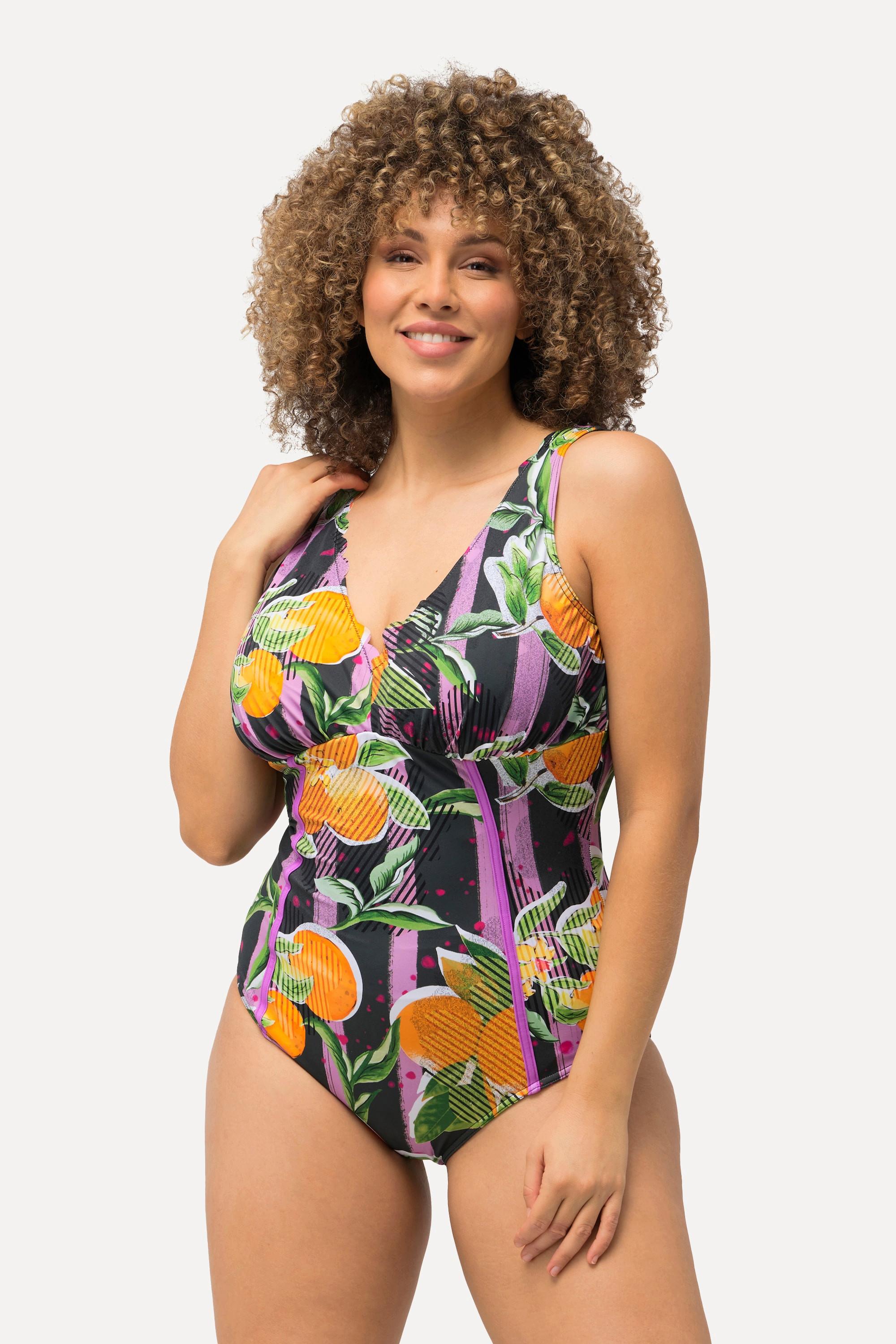 Ulla Popken  Maillot de bain avec bonnets souples, imprimé oranges et passepoils fluo 