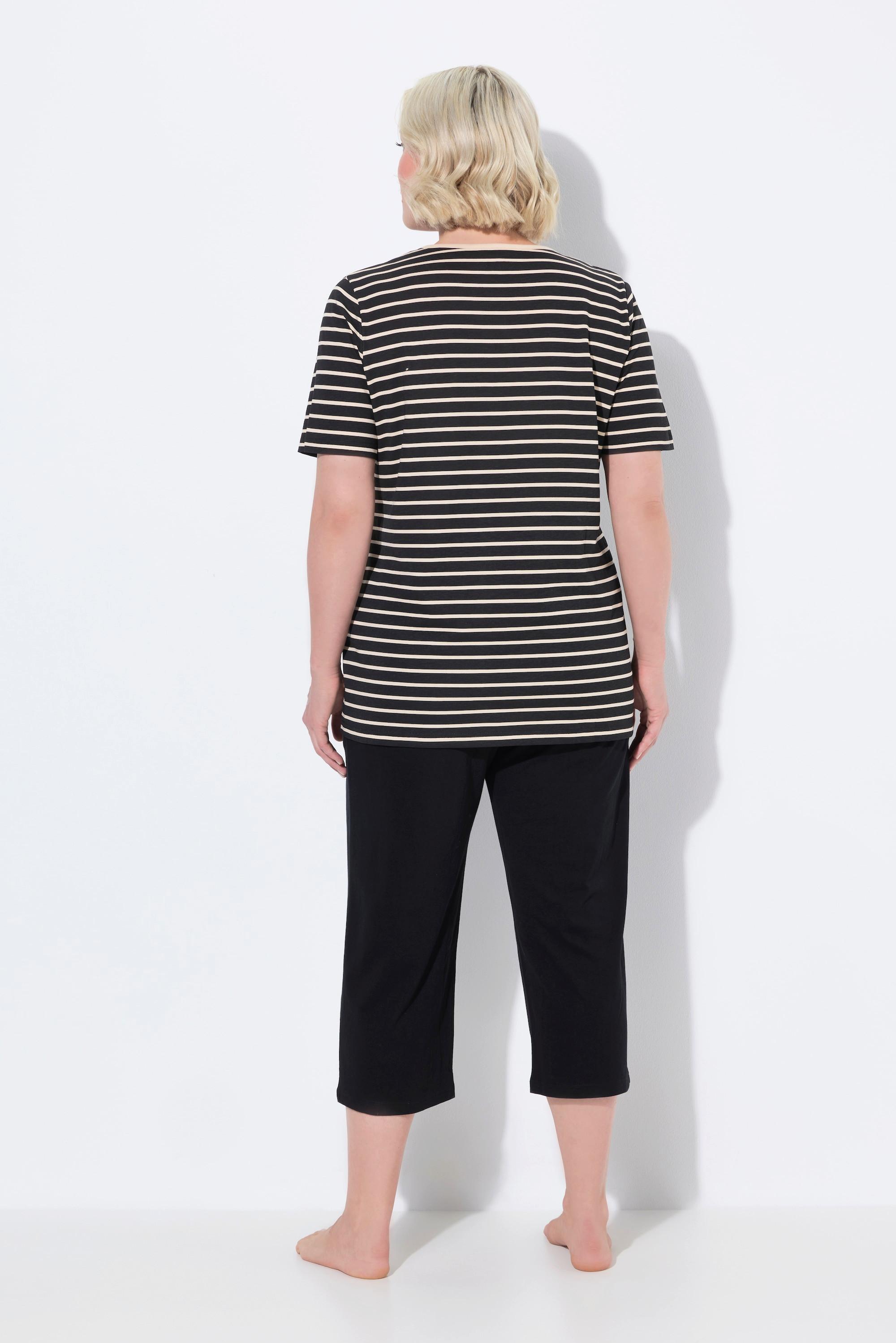 Ulla Popken Pigiama a righe ricamato scollo a V mezze maniche  