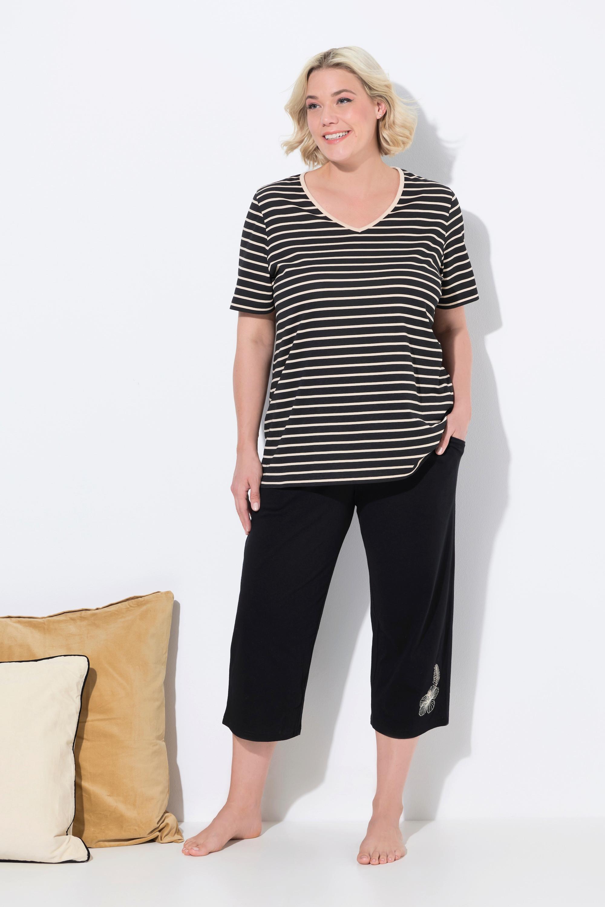 Ulla Popken Pigiama a righe ricamato scollo a V mezze maniche  