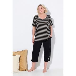 Ulla Popken Pigiama a righe ricamato scollo a V mezze maniche  