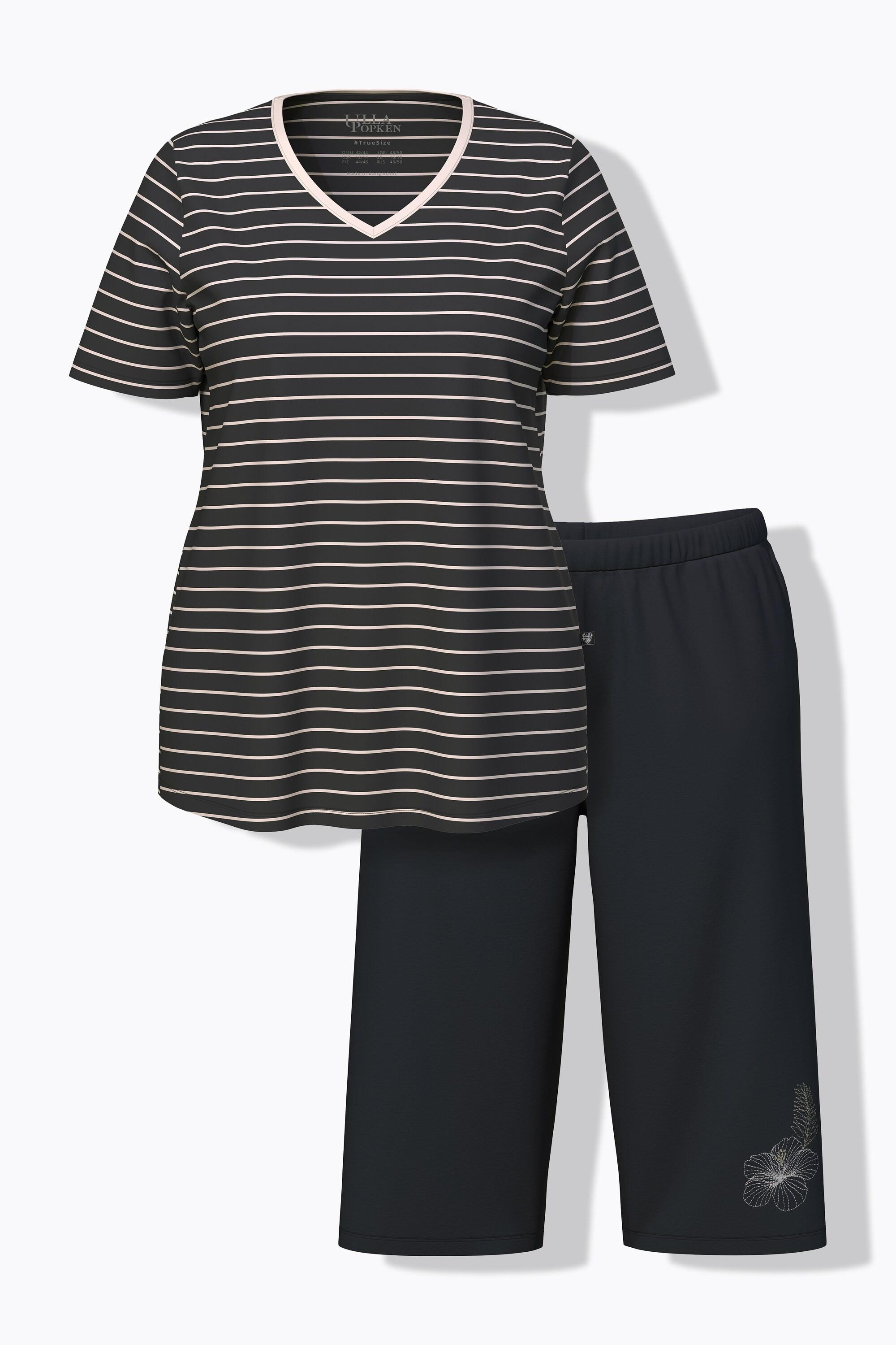 Ulla Popken Pigiama a righe ricamato scollo a V mezze maniche  