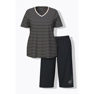 Ulla Popken Pigiama a righe ricamato scollo a V mezze maniche  