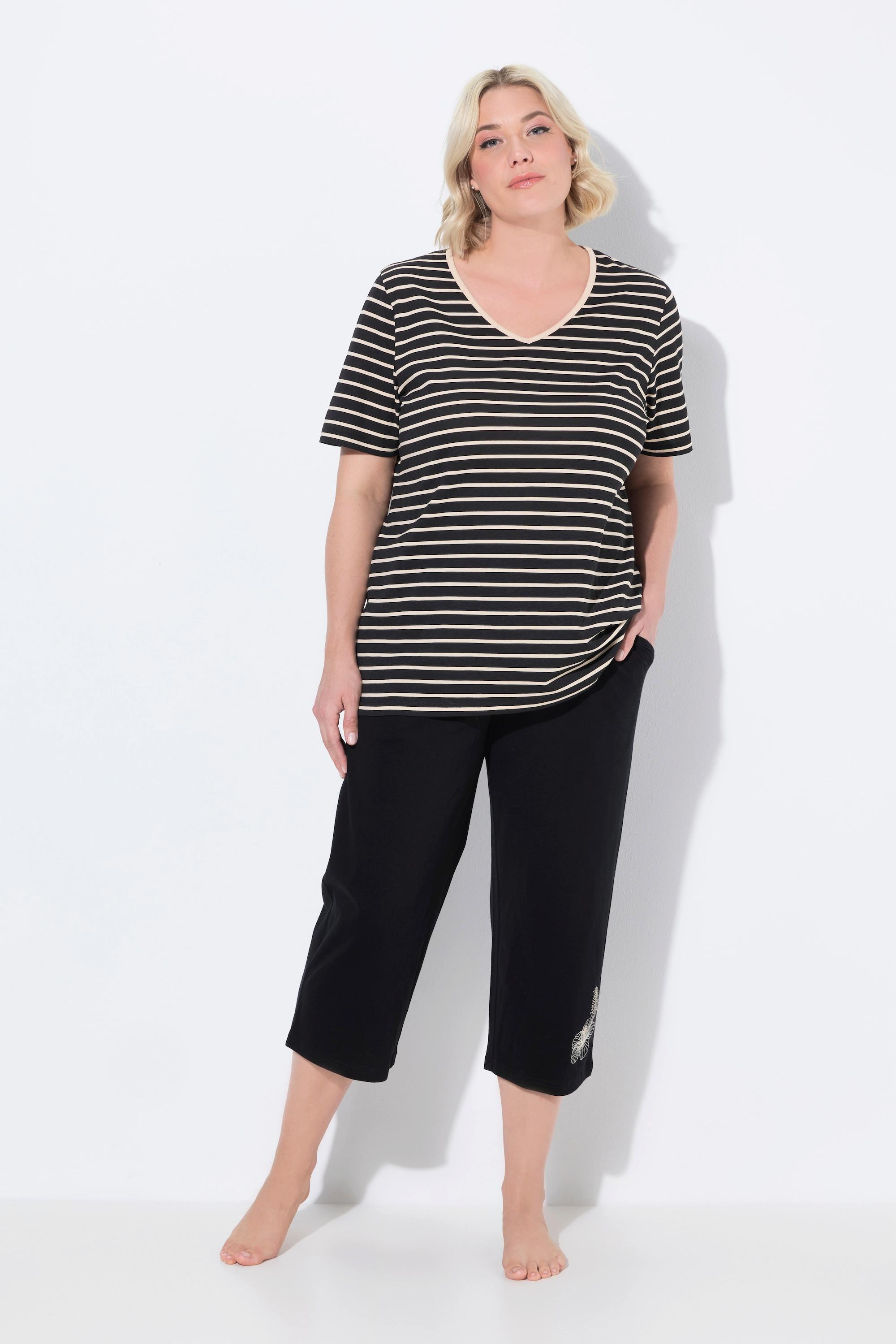 Ulla Popken Pigiama a righe ricamato scollo a V mezze maniche  