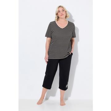 Pigiama con righe, ricami, scollo a V e mezze maniche