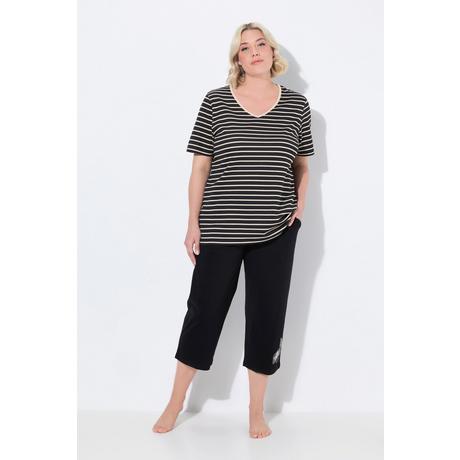 Ulla Popken Pigiama a righe ricamato scollo a V mezze maniche  