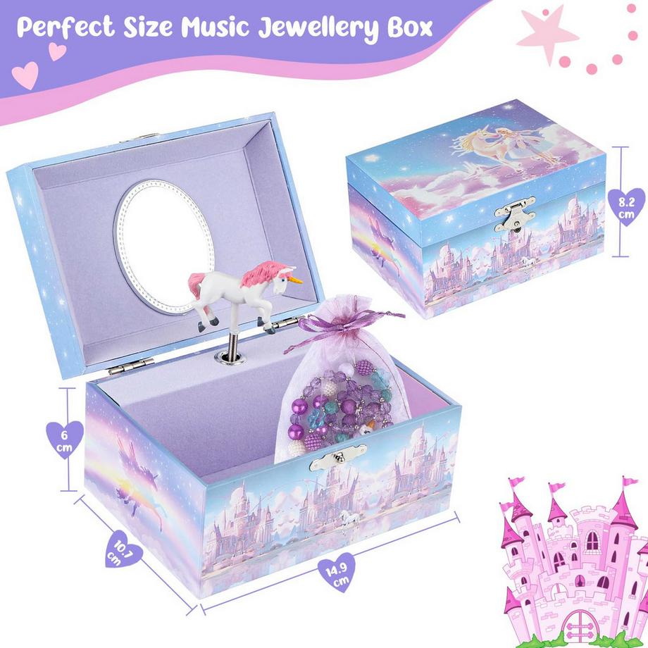 Only-bags.store  Schmuckkästchen mit Musikbox mit Einhorn-Schmuckset, Kinderschmuckkästchen Musik 