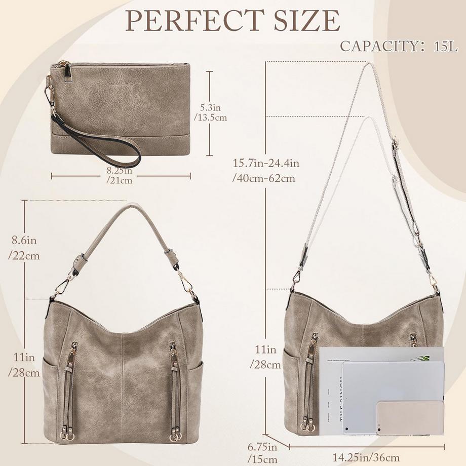 Only-bags.store Grand Sac Hobo à Bandoulière avec Bretelle Amovible et Portefeuille Set  