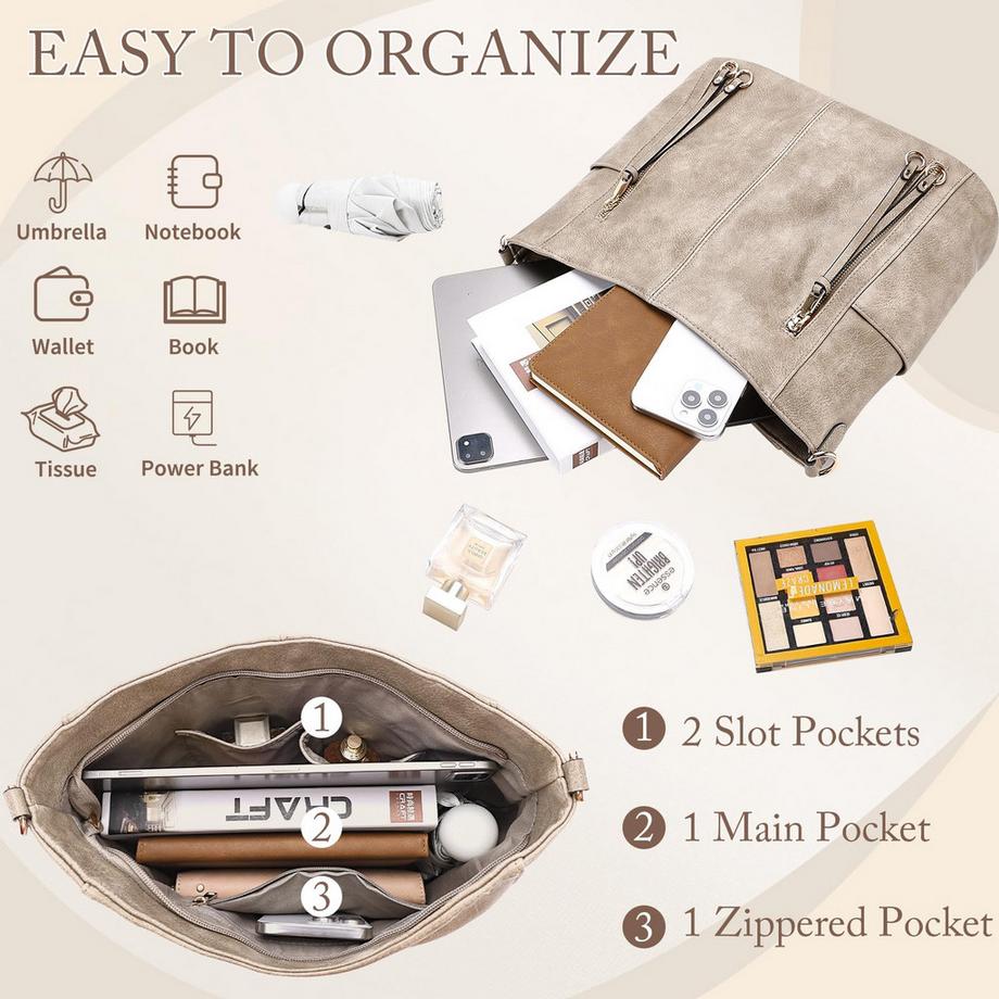 Only-bags.store Grand Sac Hobo à Bandoulière avec Bretelle Amovible et Portefeuille Set  