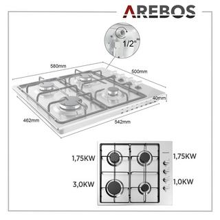Arebos Piano cottura a gas | 4fuochi | Acciaio inossidabile | Include griglie e fiamma pilota  