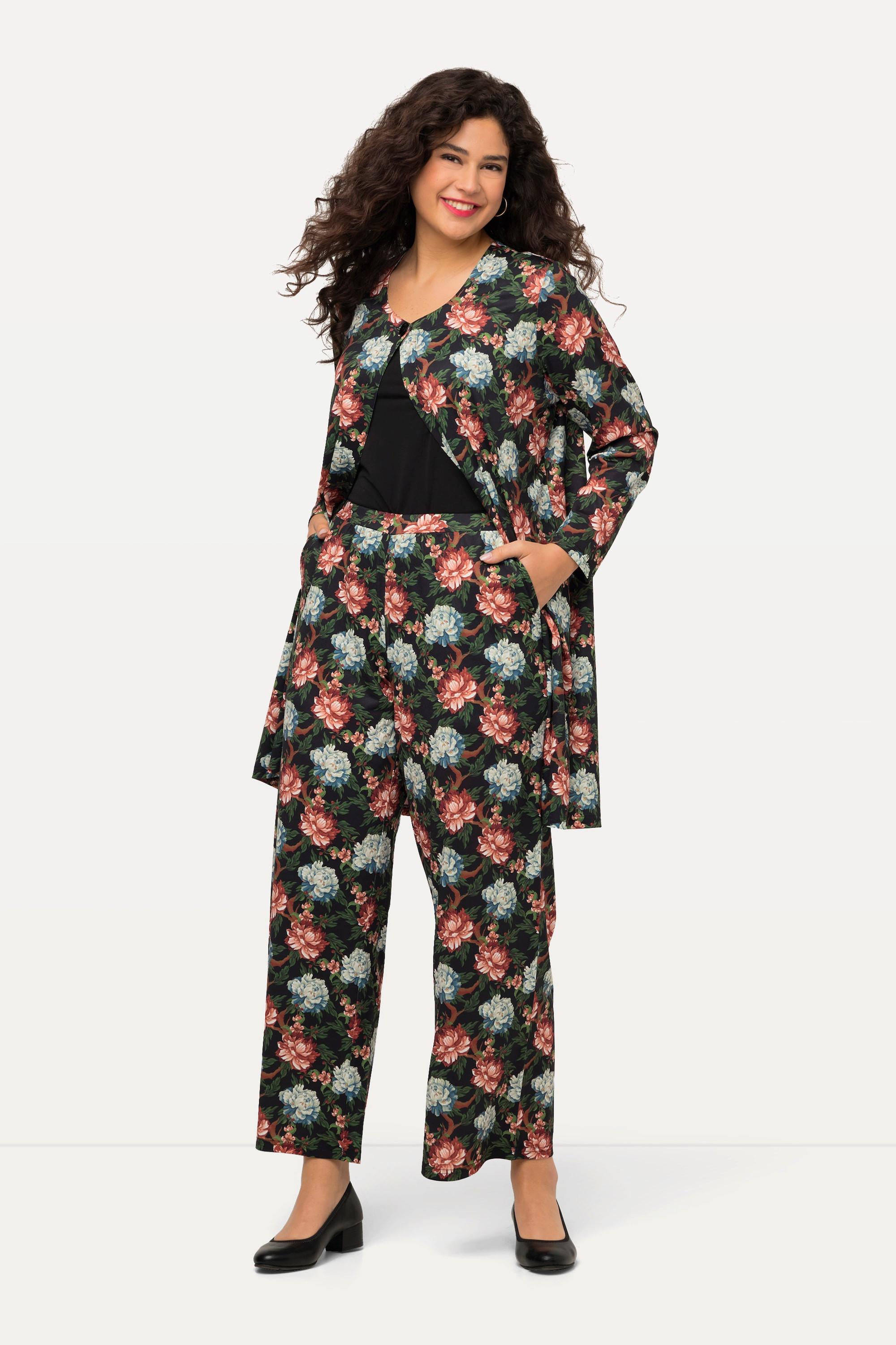 Ulla Popken  Pantalon en jersey, jambe large et taille élastique, motif floral 