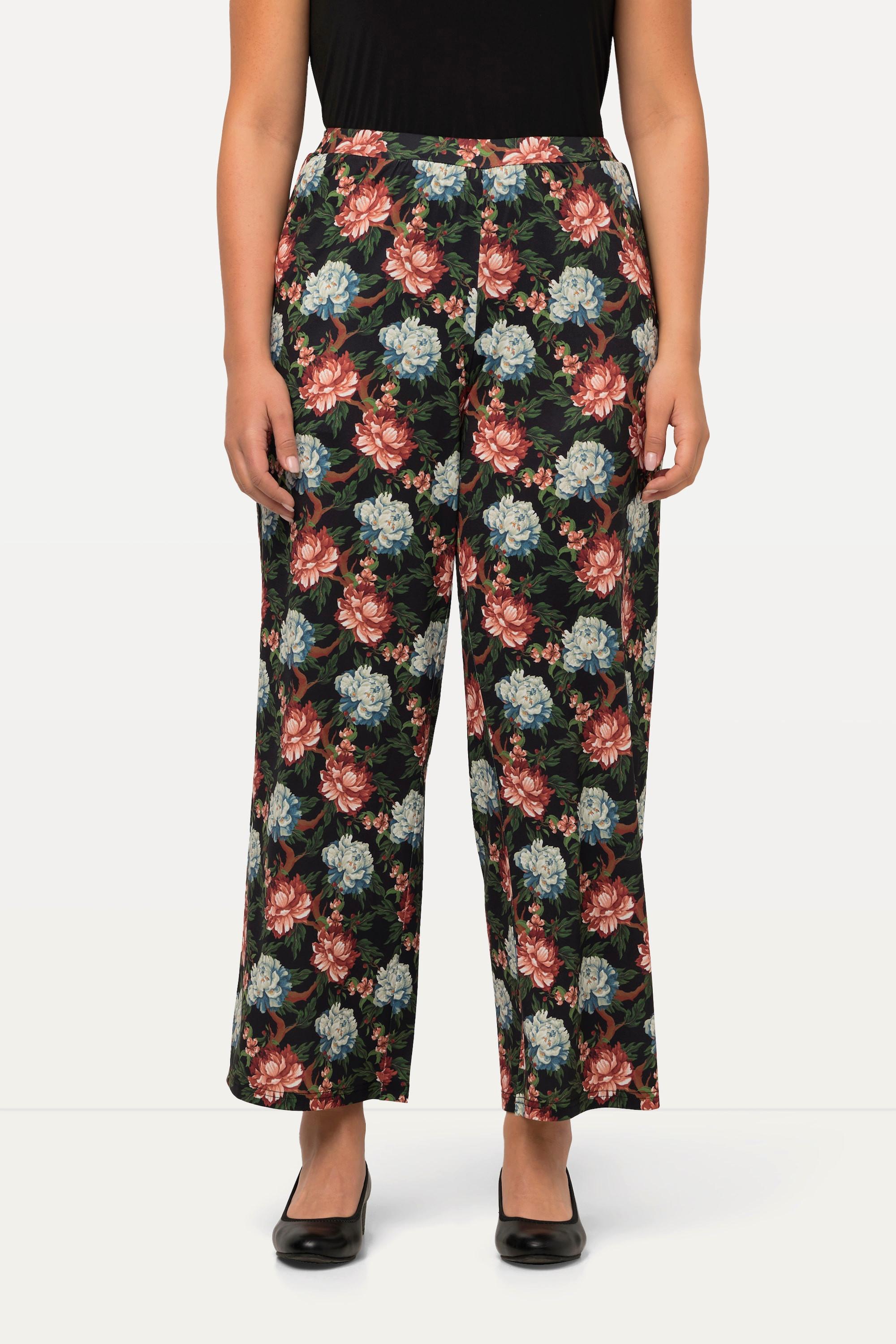 Ulla Popken  Pantalon en jersey, jambe large et taille élastique, motif floral 